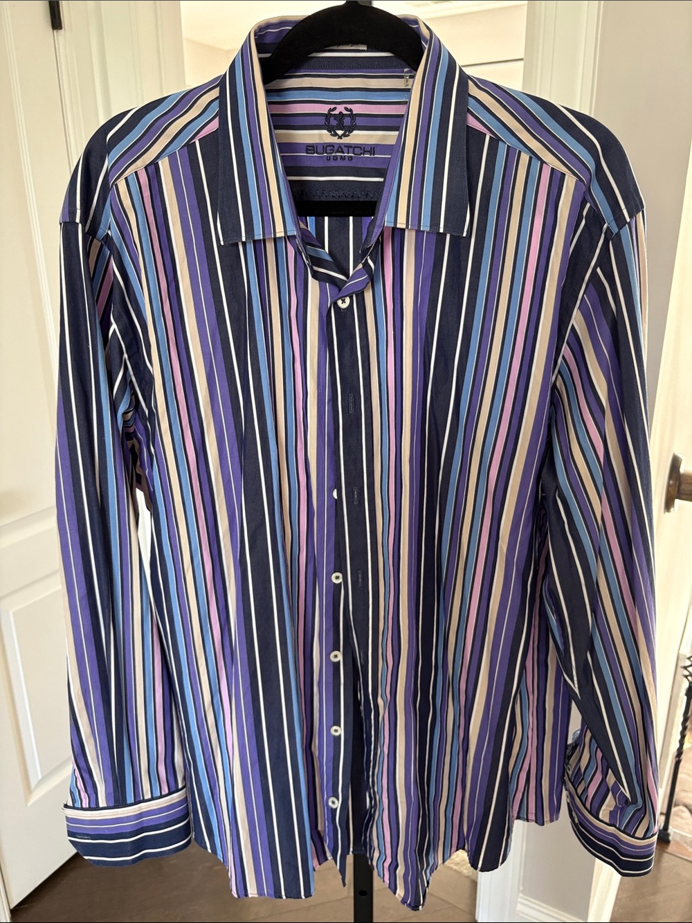 Bugatchi Men’s Striped Button-Down Shirt in Navy, Purple and Light Blue